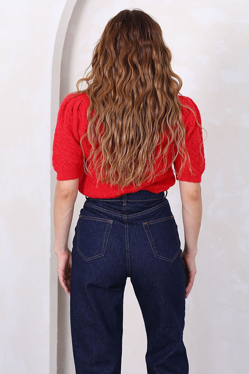 Denim Yakalı Kısa Kollu Kırmızı Kadın Triko Hırka - 5