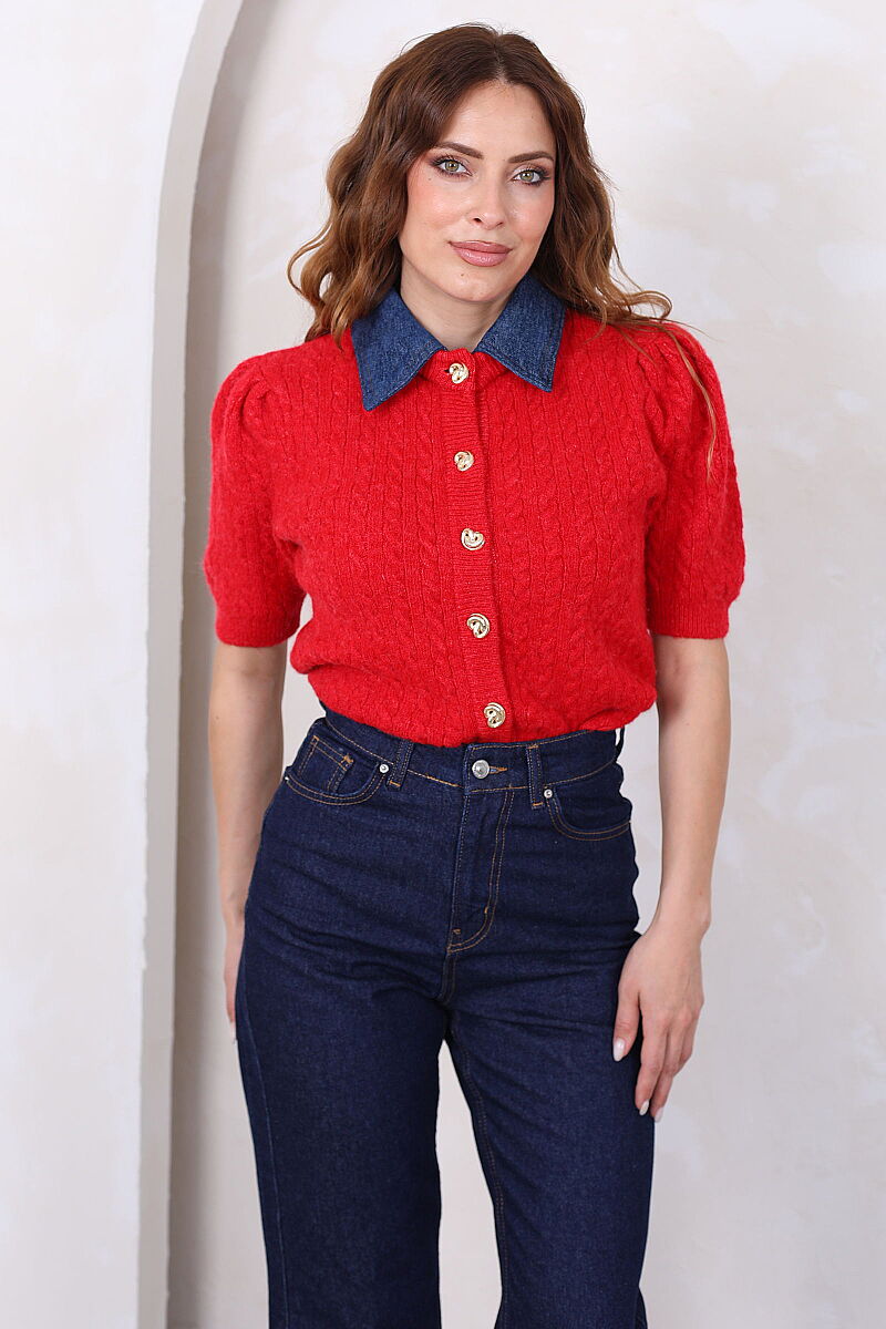 Denim Yakalı Kısa Kollu Kırmızı Kadın Triko Hırka - 6