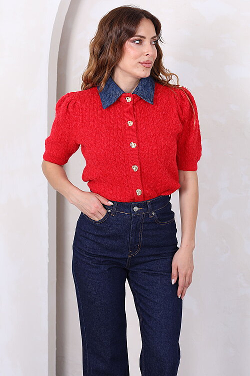 Denim Yakalı Kısa Kollu Kırmızı Kadın Triko Hırka - 3