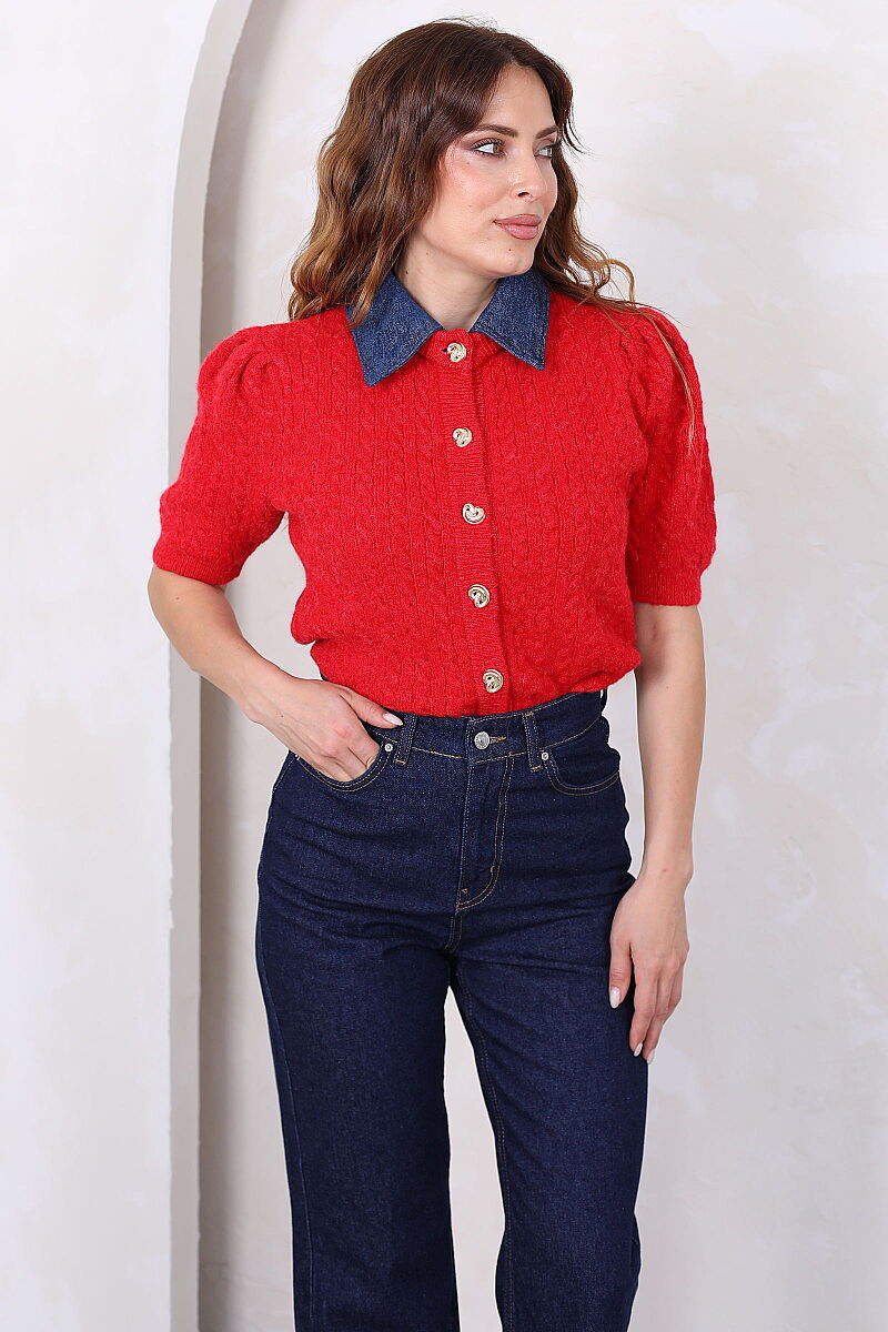 Denim Yakalı Kısa Kollu Kırmızı Kadın Triko Hırka - 3