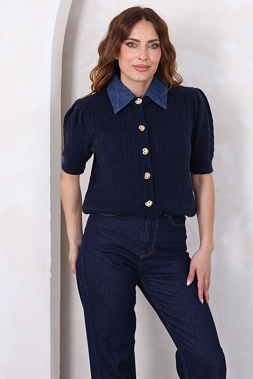 Denim Yakalı Kısa Kollu Lacivert Kadın Triko Hırka - 3