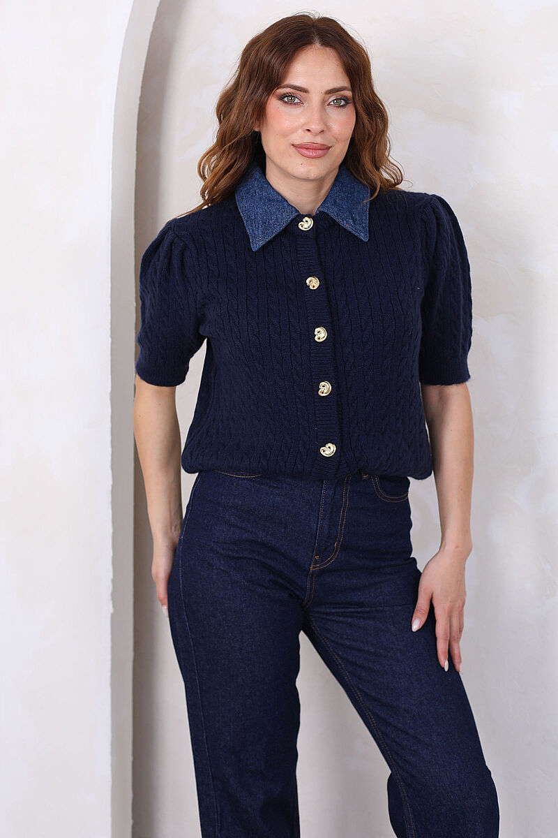 Denim Yakalı Kısa Kollu Lacivert Kadın Triko Hırka - 3