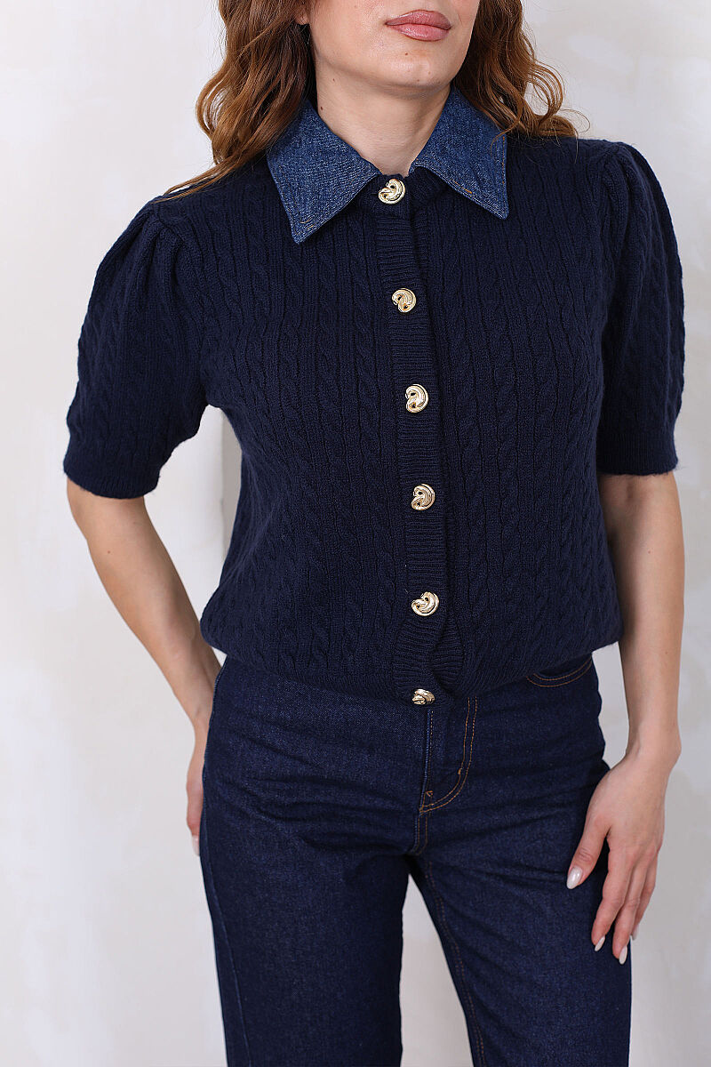 Denim Yakalı Kısa Kollu Lacivert Kadın Triko Hırka - 2