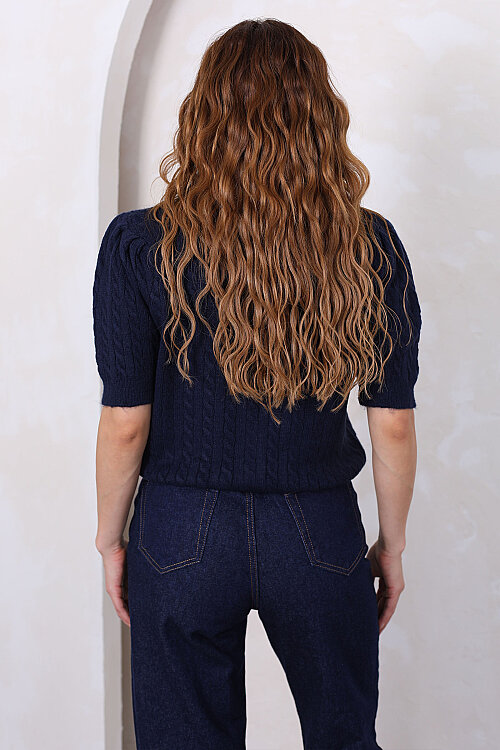 Denim Yakalı Kısa Kollu Lacivert Kadın Triko Hırka - 5