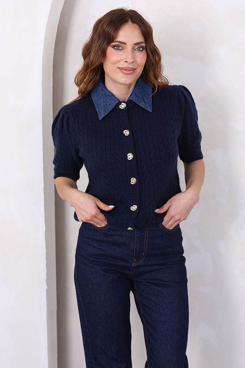 Denim Yakalı Kısa Kollu Lacivert Kadın Triko Hırka - 1