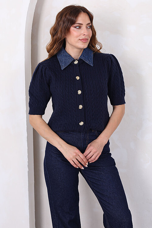 Denim Yakalı Kısa Kollu Lacivert Kadın Triko Hırka - 4