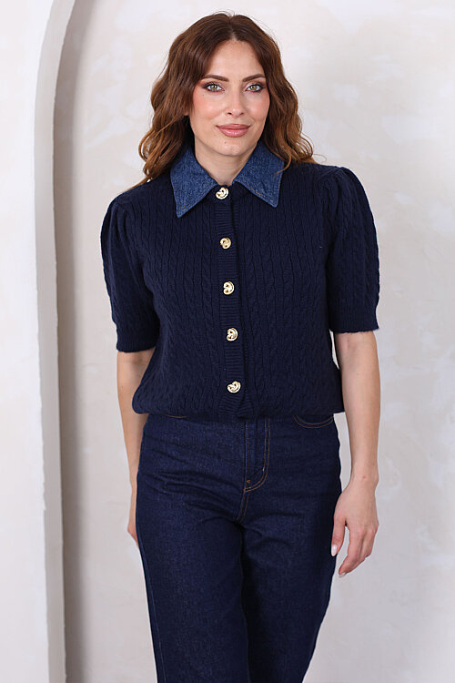 Denim Yakalı Kısa Kollu Lacivert Kadın Triko Hırka - 6