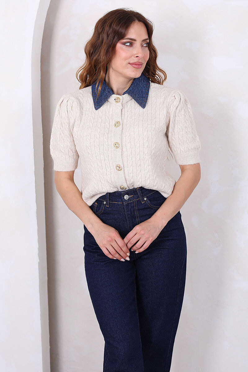 Denim Yakalı Kısa Kollu Taş Kadın Triko Hırka - 3