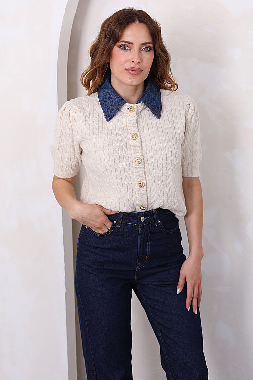 Denim Yakalı Kısa Kollu Taş Kadın Triko Hırka - 4