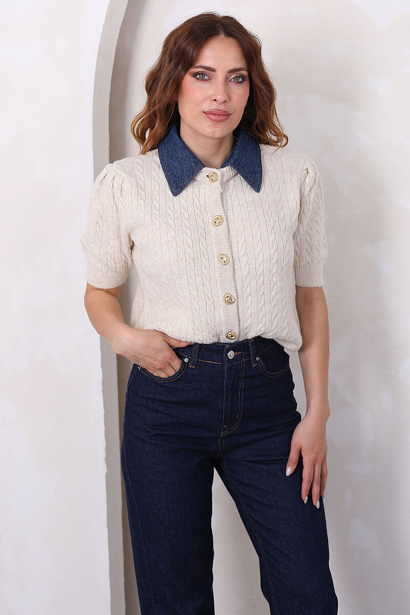 Denim Yakalı Kısa Kollu Taş Kadın Triko Hırka - 4