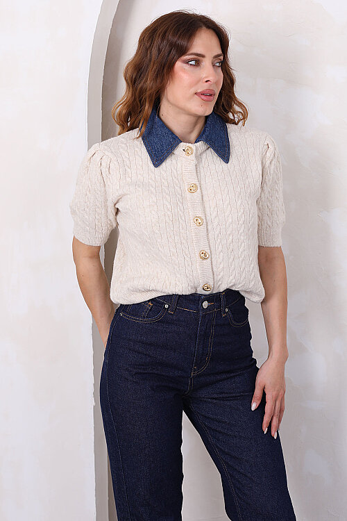 Denim Yakalı Kısa Kollu Taş Kadın Triko Hırka - Berox