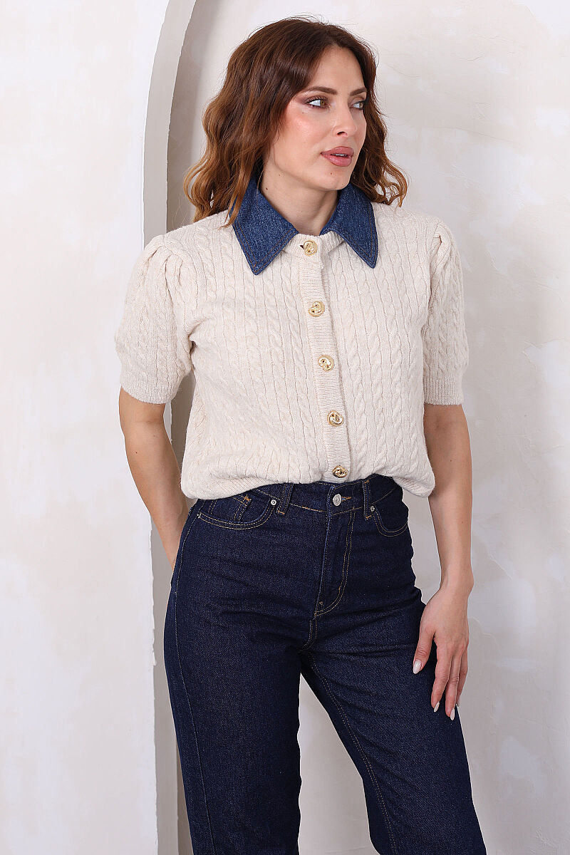 Denim Yakalı Kısa Kollu Taş Kadın Triko Hırka - 1