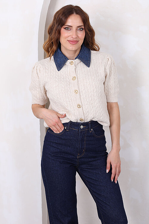 Denim Yakalı Kısa Kollu Taş Kadın Triko Hırka - 7