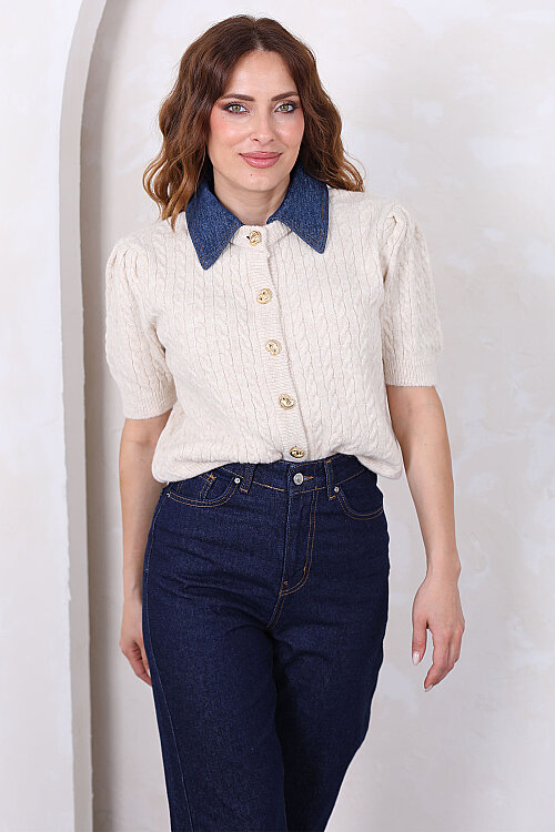 Denim Yakalı Kısa Kollu Taş Kadın Triko Hırka - 6