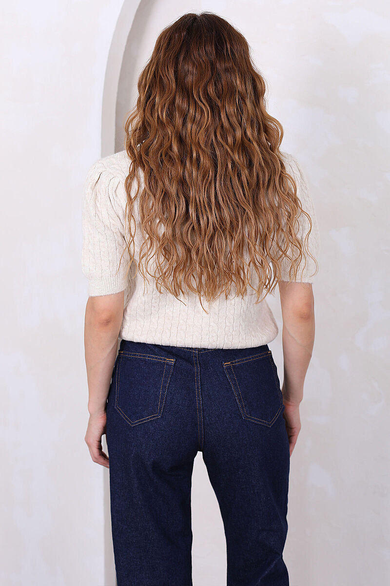 Denim Yakalı Kısa Kollu Taş Kadın Triko Hırka - 5
