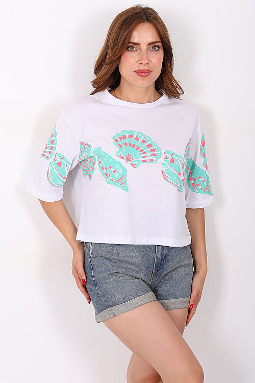 Deniz Kabuğu Baskılı Beyaz Kadın T-Shirt - Berox