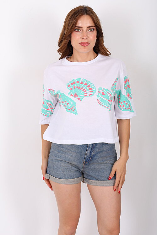 Deniz Kabuğu Baskılı Beyaz Kadın T-Shirt - 5