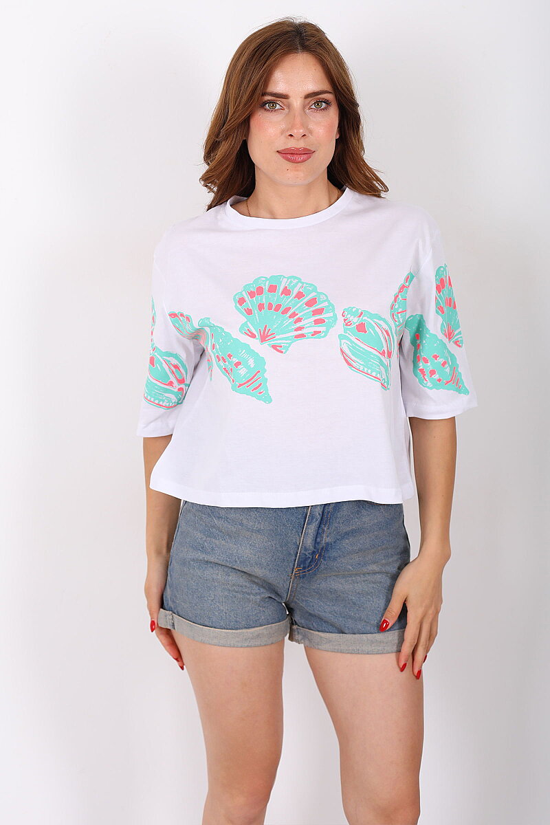 Deniz Kabuğu Baskılı Beyaz Kadın T-Shirt - 5