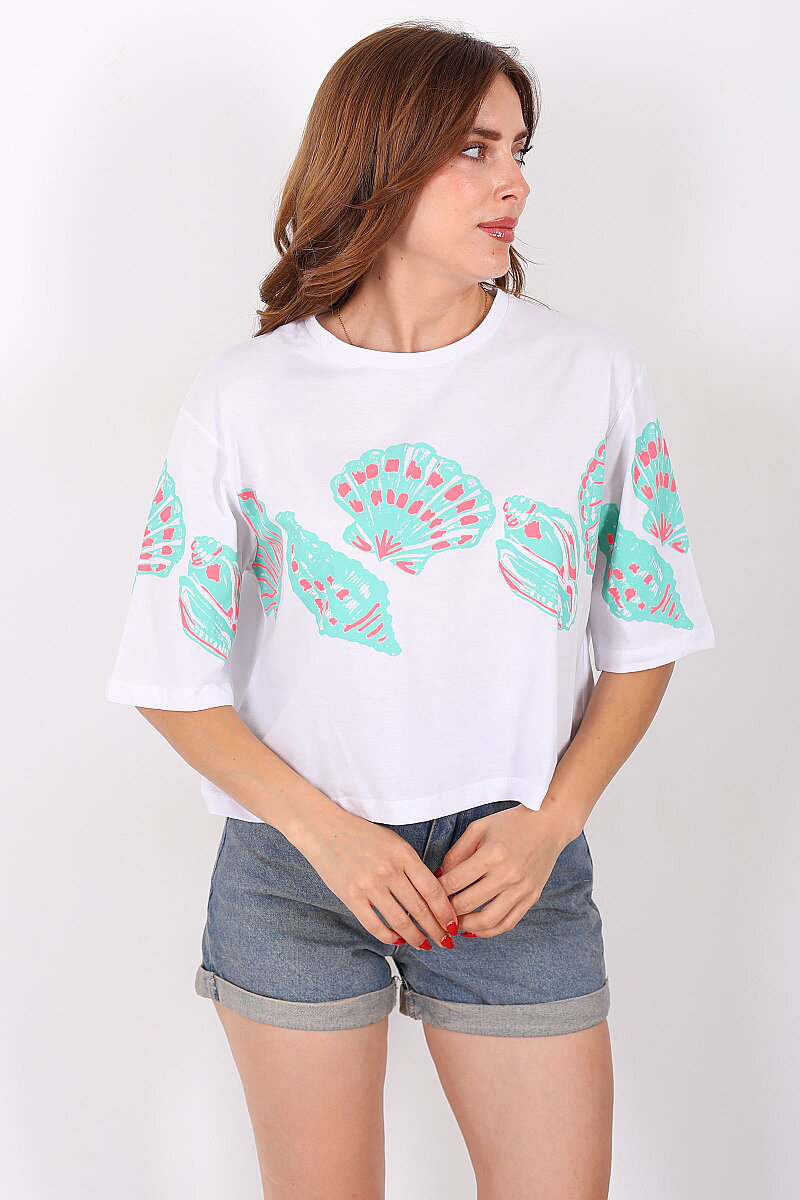 Deniz Kabuğu Baskılı Beyaz Kadın T-Shirt - 3