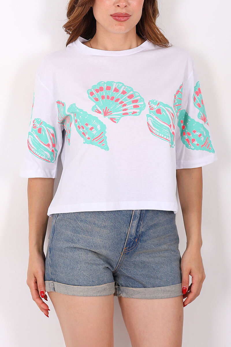 Deniz Kabuğu Baskılı Beyaz Kadın T-Shirt - 2