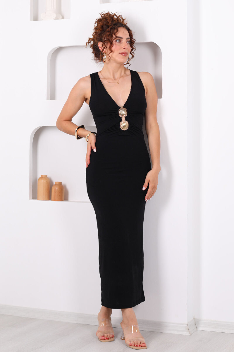 Deniz Kabuğu Detaylı Derin V Siyah Kadın Maxi Elbise - 8