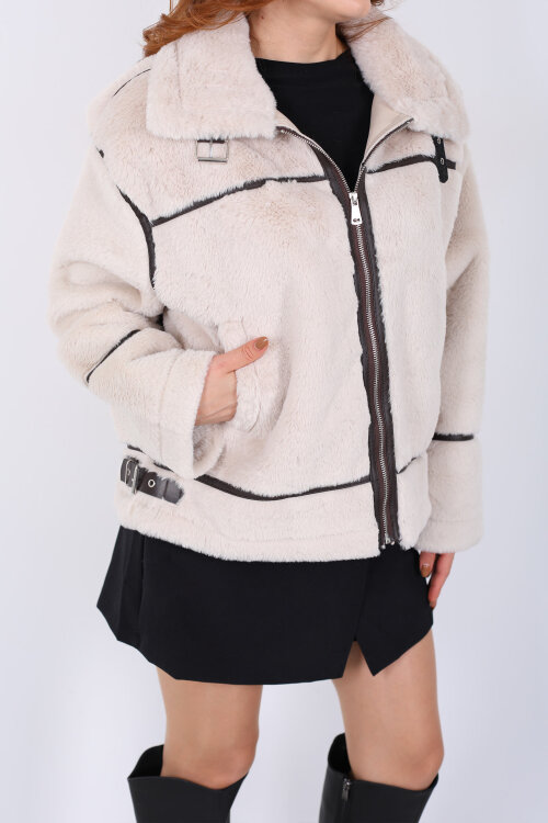 Deri Biyeli Peluş Lamineli Krem Kadın Mont - Berox (1)