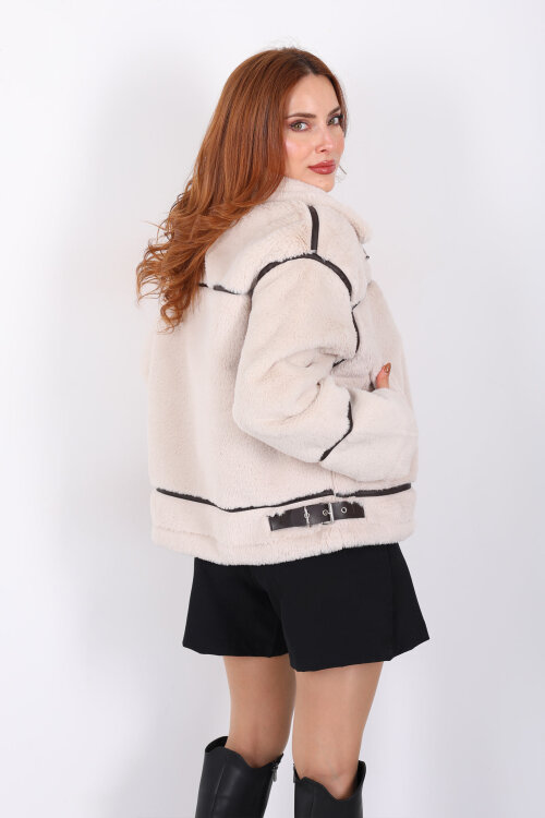 Deri Biyeli Peluş Lamineli Krem Kadın Mont - 5