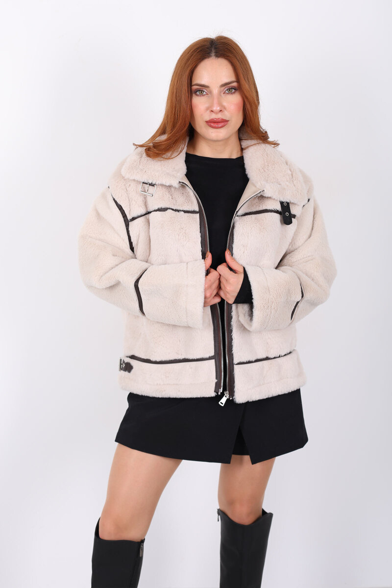 Deri Biyeli Peluş Lamineli Krem Kadın Mont - 4