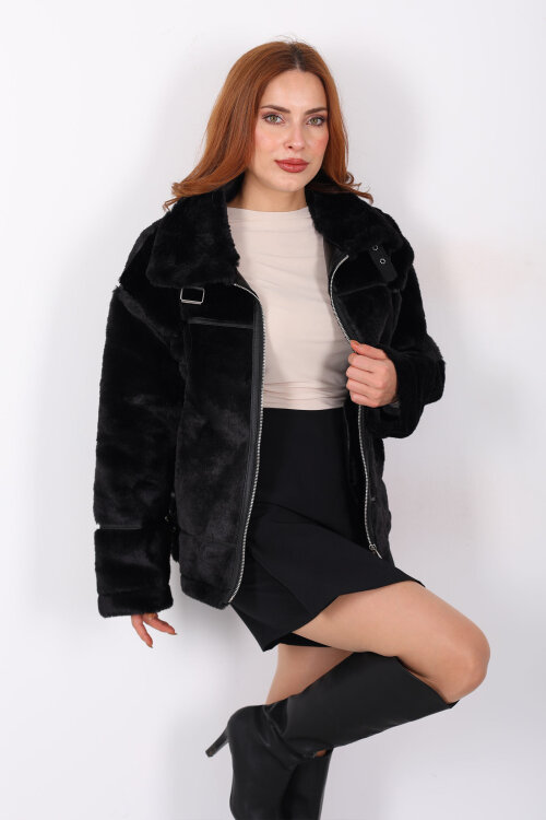 Deri Biyeli Peluş Lamineli Siyah Kadın Mont - Berox