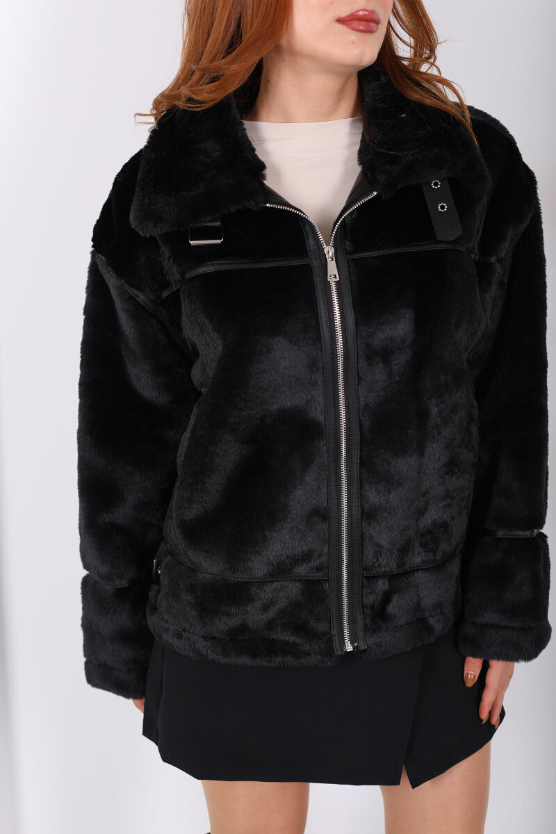 Deri Biyeli Peluş Lamineli Siyah Kadın Mont - 2