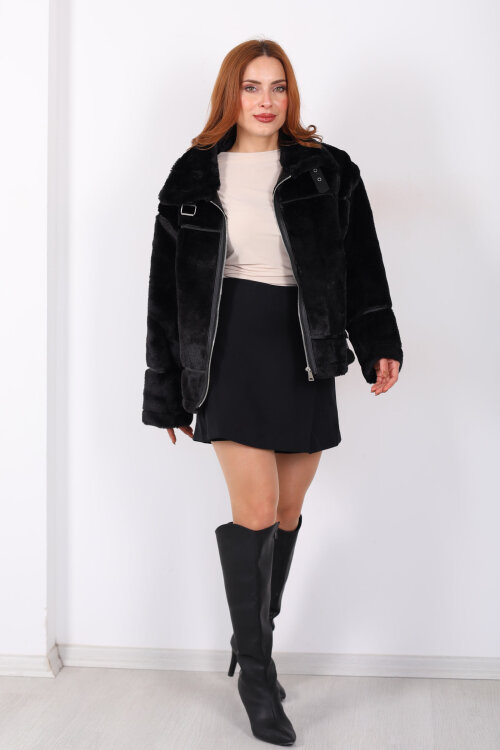 Deri Biyeli Peluş Lamineli Siyah Kadın Mont - 3
