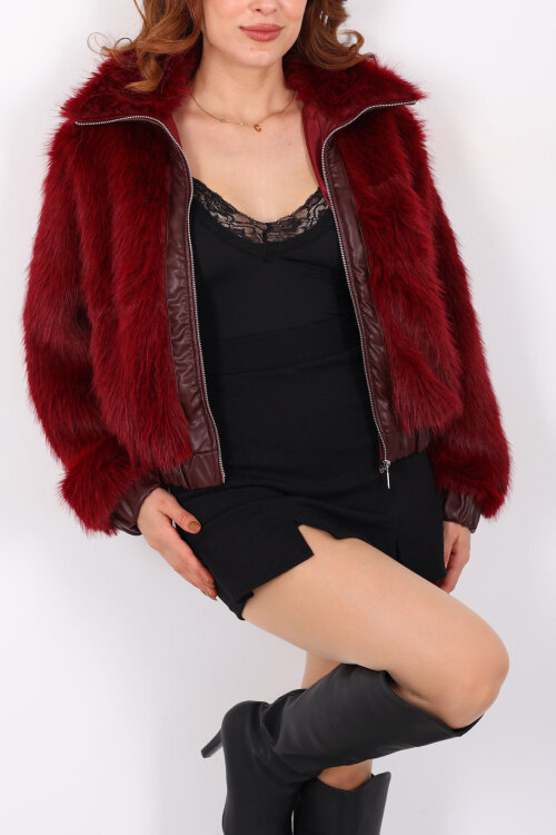 Deri Detaylı Bordo Kadın Kürk Mont - Berox (1)