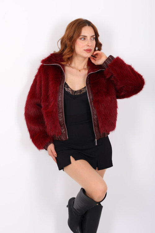 Deri Detaylı Bordo Kadın Kürk Mont 