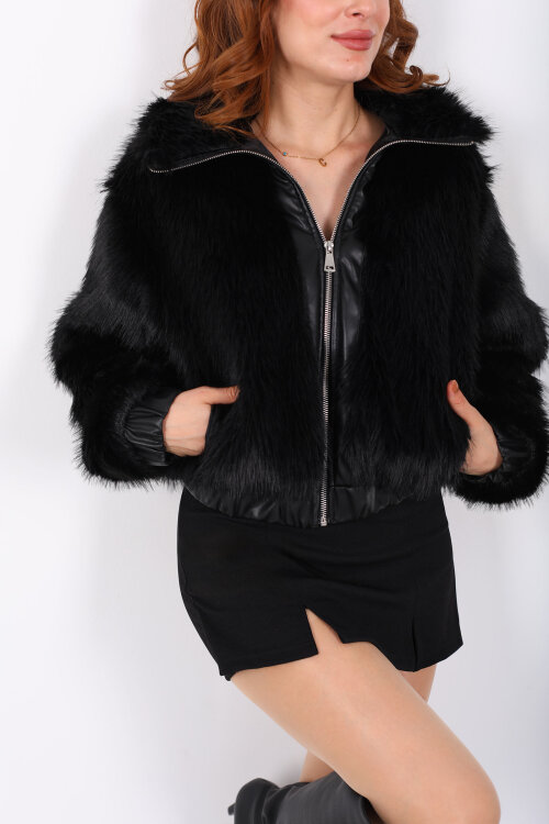 Deri Detaylı Siyah Kadın Kürk Mont - 2