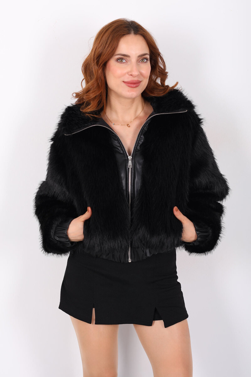Deri Detaylı Siyah Kadın Kürk Mont - 4