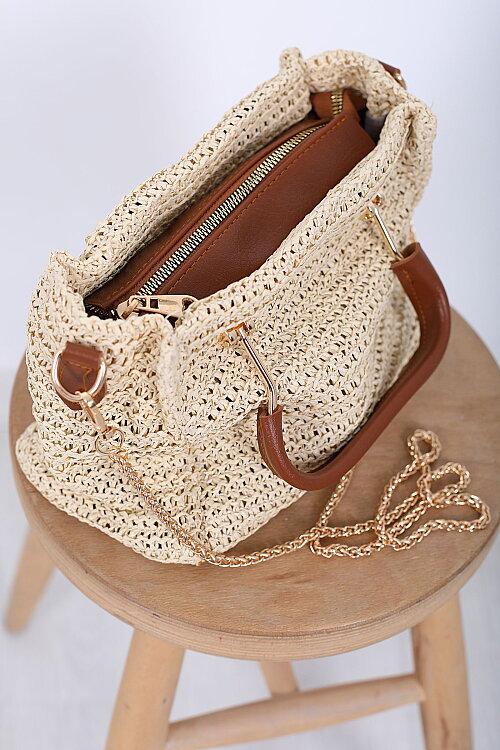 Deri ve Demir Detaylı Zincir Askılı Krem Hasır Çanta - 4