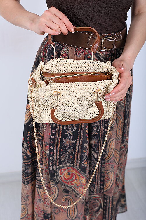 Deri ve Demir Detaylı Zincir Askılı Krem Hasır Çanta - 5