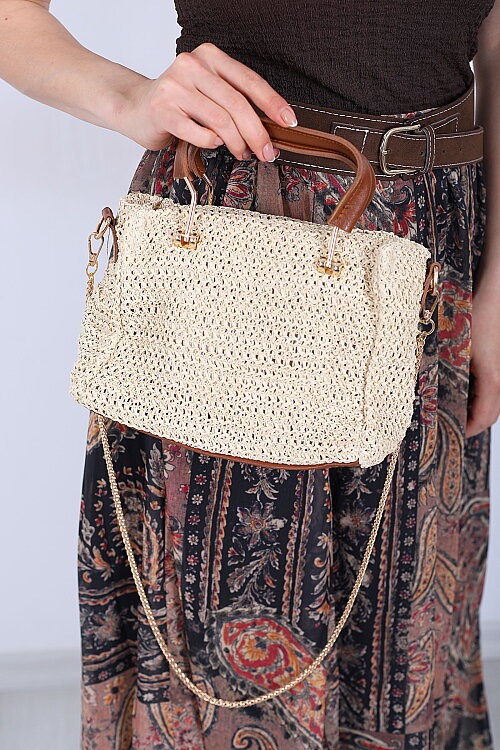 Deri ve Demir Detaylı Zincir Askılı Krem Hasır Çanta - 3