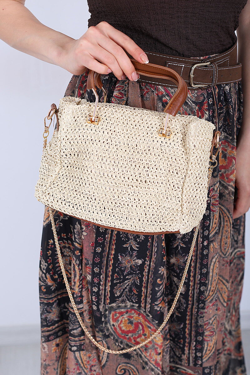 Deri ve Demir Detaylı Zincir Askılı Krem Hasır Çanta - 3
