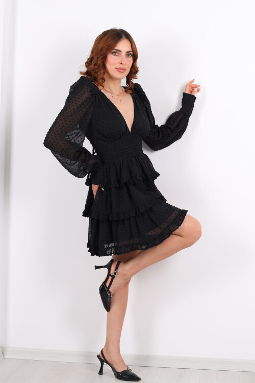 Derin Sırt Dekolteli V Yaka Fırfırlı Siyah Kadın Mini Elbise - 6