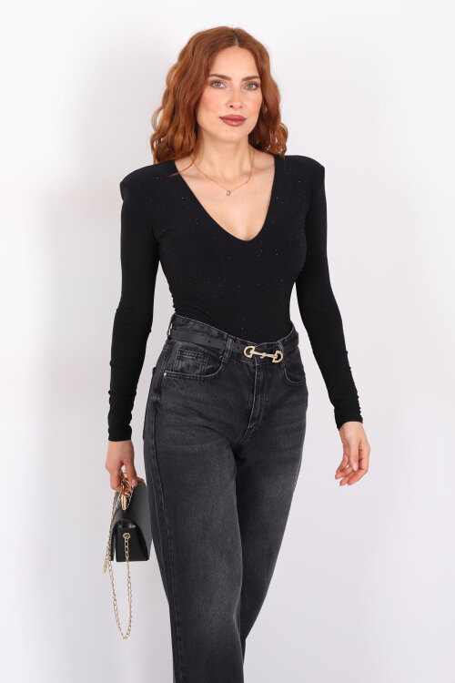 Derin V Yaka Vatkalı Siyah Kadın Taşlı Çıtçıtlı Body - 4