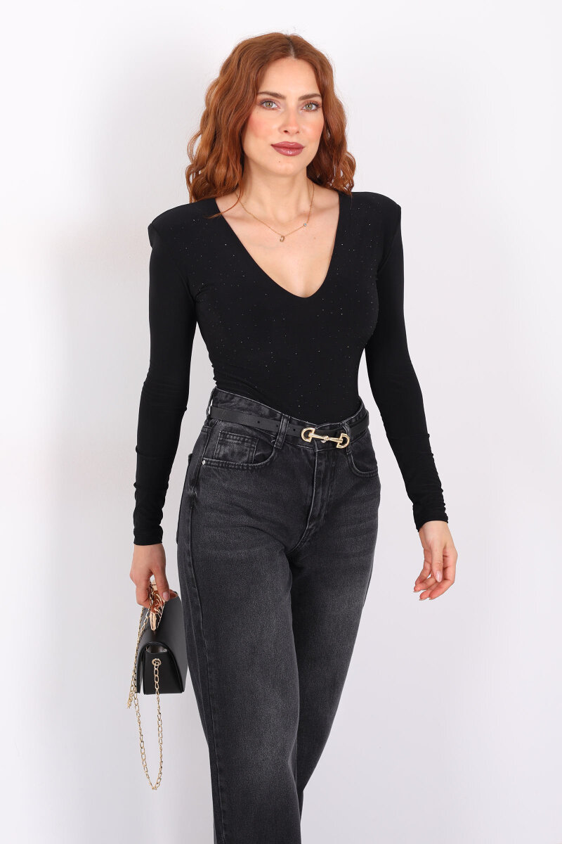 Derin V Yaka Vatkalı Siyah Kadın Taşlı Çıtçıtlı Body - 4