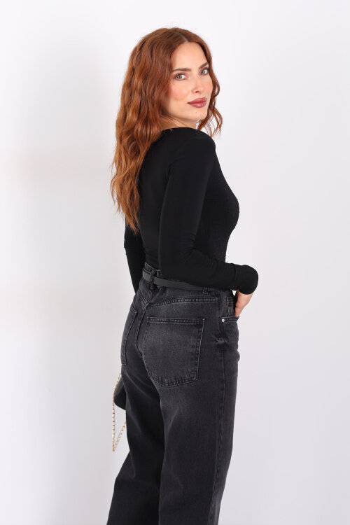 Derin V Yaka Vatkalı Siyah Kadın Taşlı Çıtçıtlı Body - 6