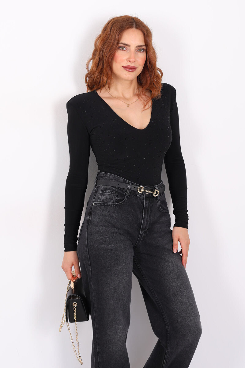 Derin V Yaka Vatkalı Siyah Kadın Taşlı Çıtçıtlı Body - 3