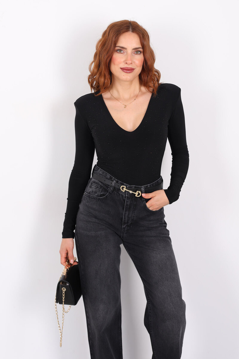 Derin V Yaka Vatkalı Siyah Kadın Taşlı Çıtçıtlı Body - 1