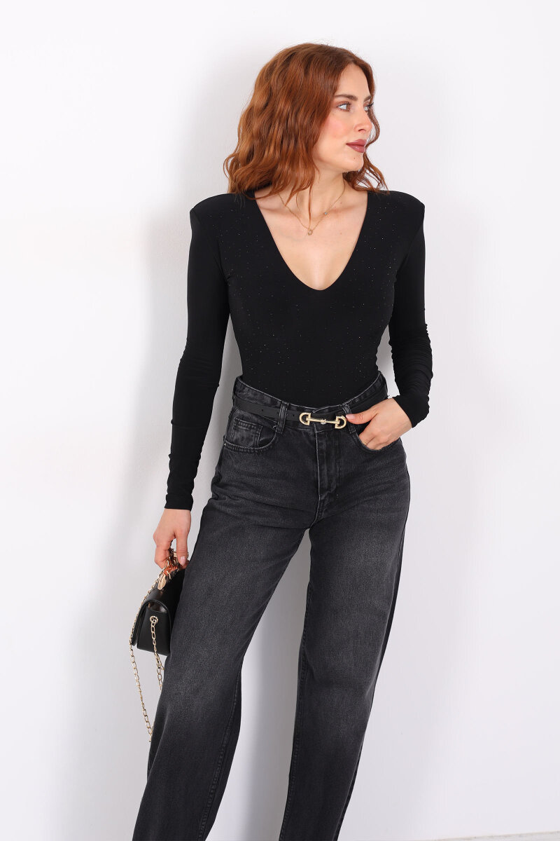 Derin V Yaka Vatkalı Siyah Kadın Taşlı Çıtçıtlı Body - 5