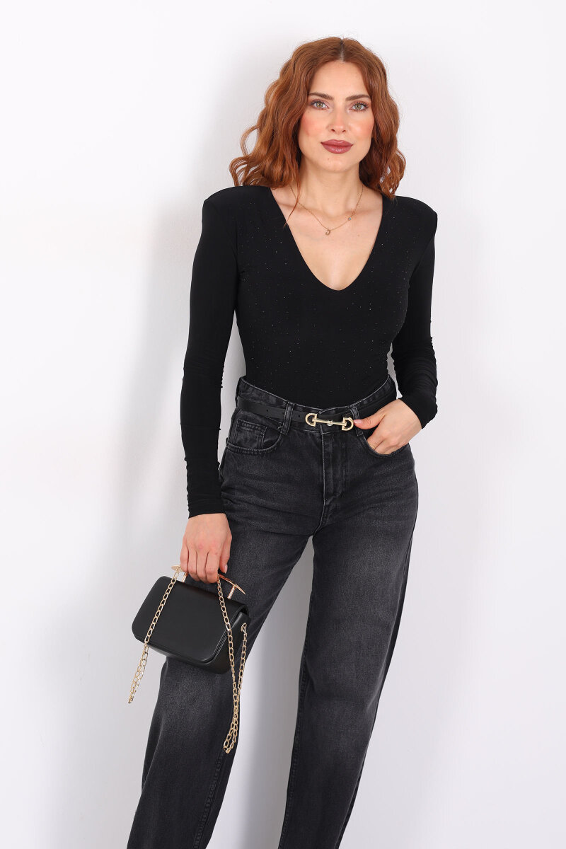 Derin V Yaka Vatkalı Siyah Kadın Taşlı Çıtçıtlı Body - 7