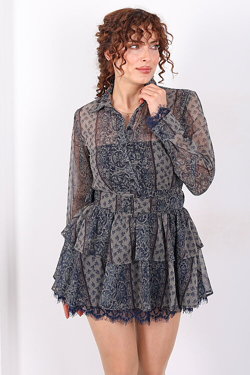 Desenli Beli Transparan Kadın Haki Kemerli Mini Şifon Elbise - 4