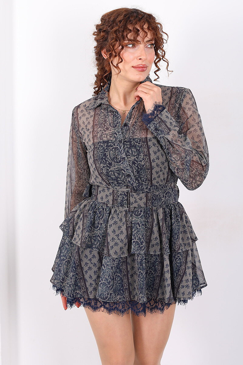 Desenli Beli Transparan Kadın Haki Kemerli Mini Şifon Elbise - 4