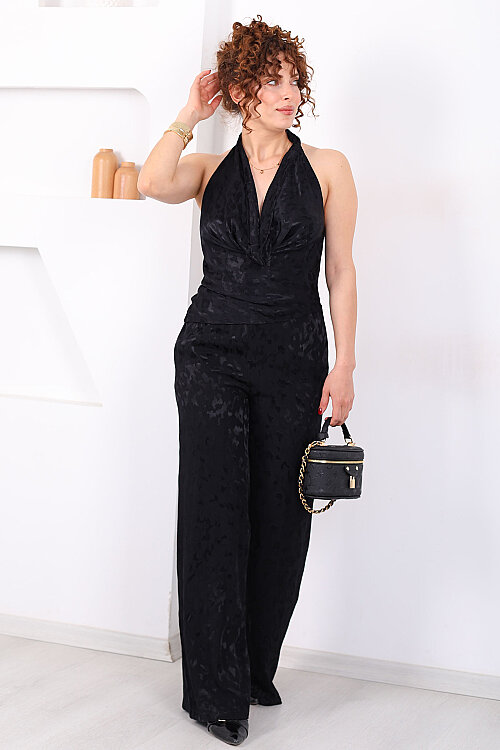 Desenli Boyundan Geçirmeli Kadın Siyah Saten Pantolon Takım - 7